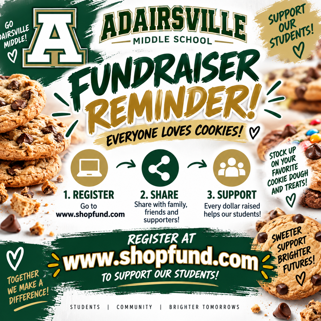 Green and white ad for Adairsville Middle School fundraiser. It highlights cookies and a donation website.