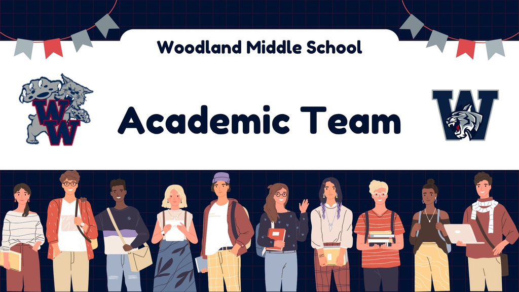 A group of people standing in a line, holding books, laptops, and other items. Behind them, a blue background with the Woodland Middle School logo and text.