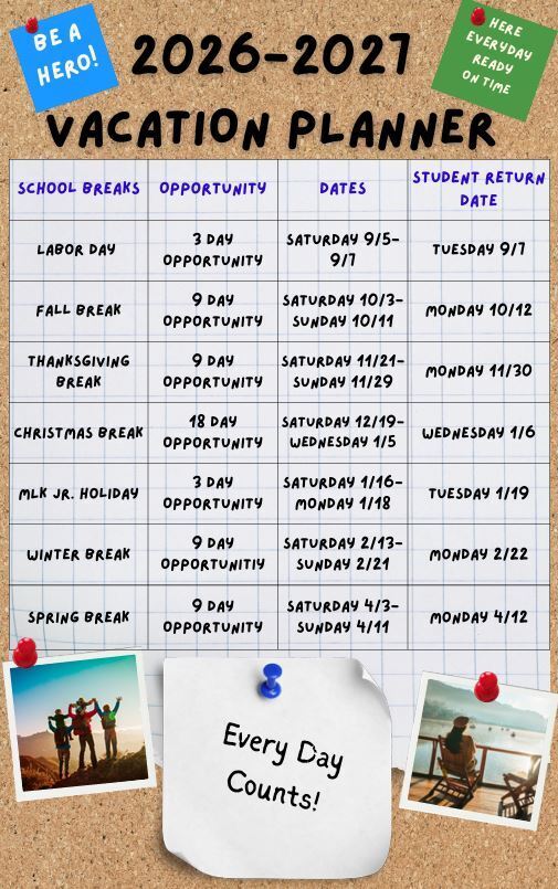 Be A Hero! Every Day Counts! 2026-2027 Vacation Planner. School Breaks: Labor Day 3 Day opportunity. 9/5-9/7. Return date 9/7. Fall Break, 9 day opportunity. 10/3-10/11. Return 10/12. Thanksgiving Break-9 day opportunity. 11/21-11/29. Return 11/30. Christmas Break 18 day opportunity. 12/19-1/5. Return 1/6. MLK Jr. Holiday-3 day opportunity. 1/16-1/18. Return 1/19. Winter Break-9 day opportunity. 2/15-2/21. Return 2/22. Spring Break-9 day opportunity. 4/3-4/11. Return 4/12.