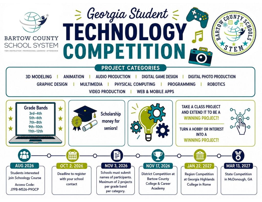 An infographic shows a timeline for the Georgia Student Technology Competition. It includes categories, dates, and steps to enter.