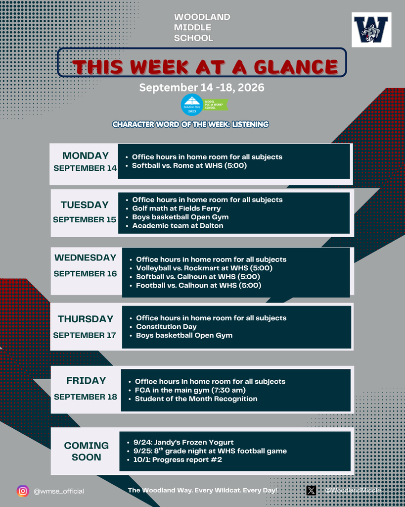 A schedule with a gray and white background for the week of September 14-18, 2026, includes days, dates, and activities.