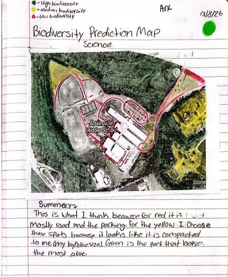 A hand-drawn map includes areas marked in red, yellow, and green. The labels "High biodiversity" and "Low biodiversity" are present.