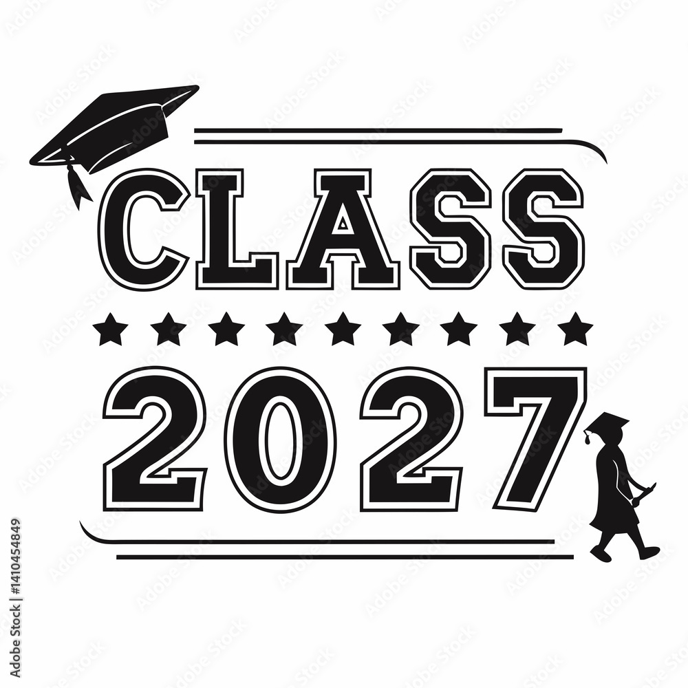 A black and white logo with the text "Class 2027" above a graduation cap and tassel, and a person in a graduation gown.