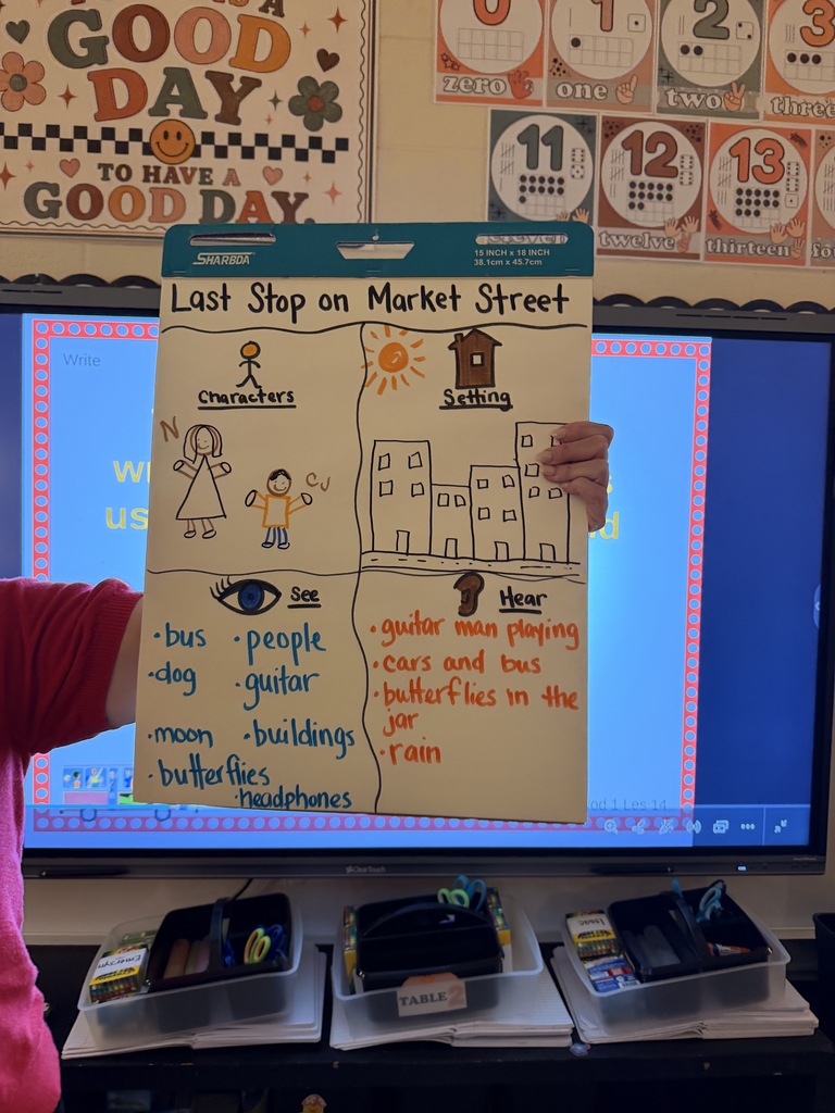 A person holds a hand-drawn board titled "Last Stop on Market Street" in a classroom. Behind them is a monitor displaying colorful decorations.