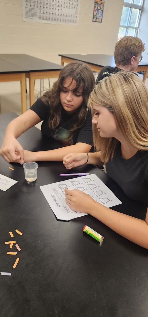 Two girls in a classroom doing an activity with a clear liquid and paper with numbers.