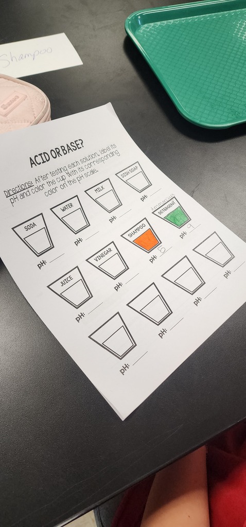 A table has a green tray. A white paper with text is on the table. It shows a series of cups with colored liquids inside.