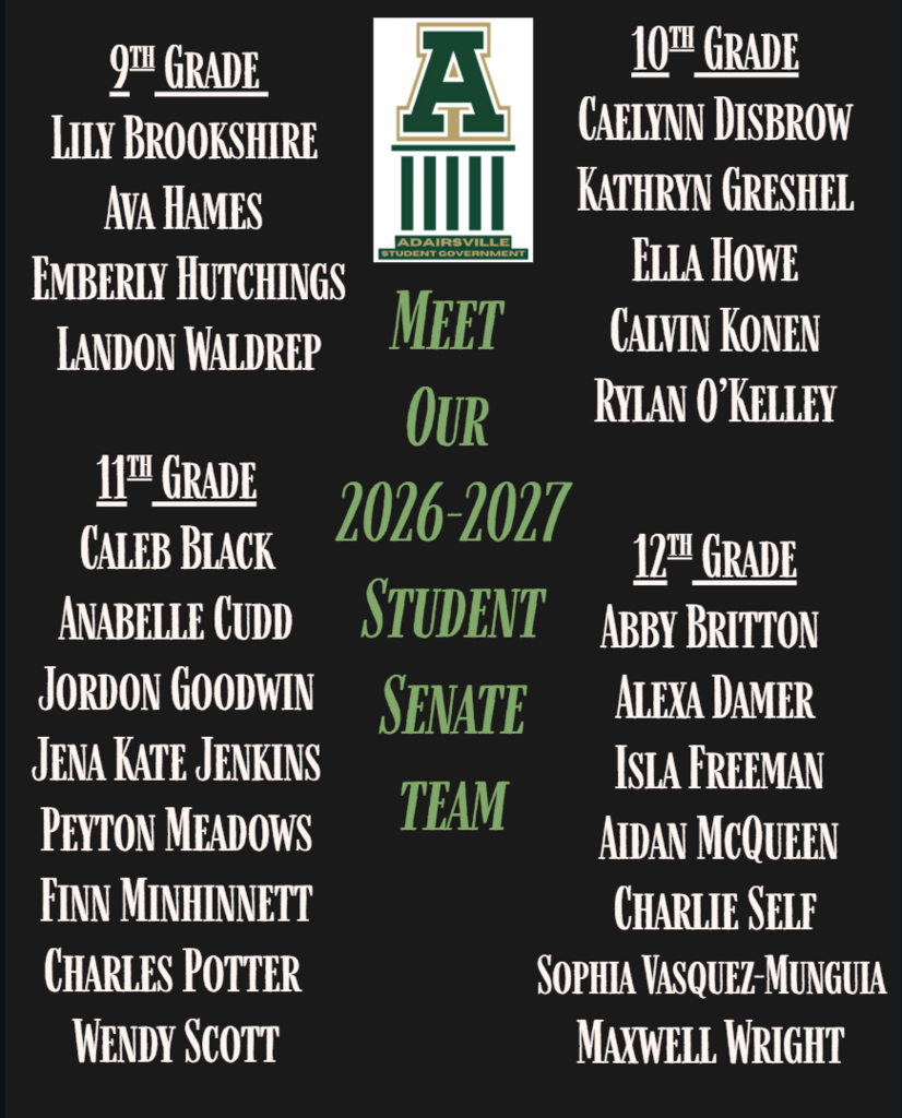 A black backdrop displays the 2026-2027 Student Senate Team, with grades 9-12 listed on the left and right sides.