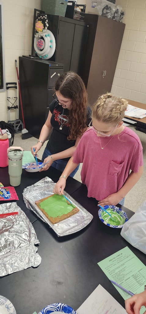 Two girls work on a science project with green paper on a table in a classroom.
