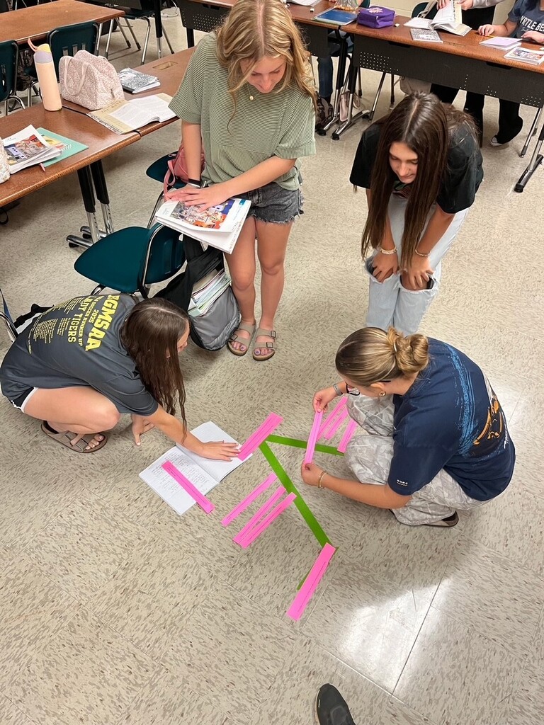 Four students working on a project with paper strips and paper on a floor. Background includes tables, chairs, and another student.