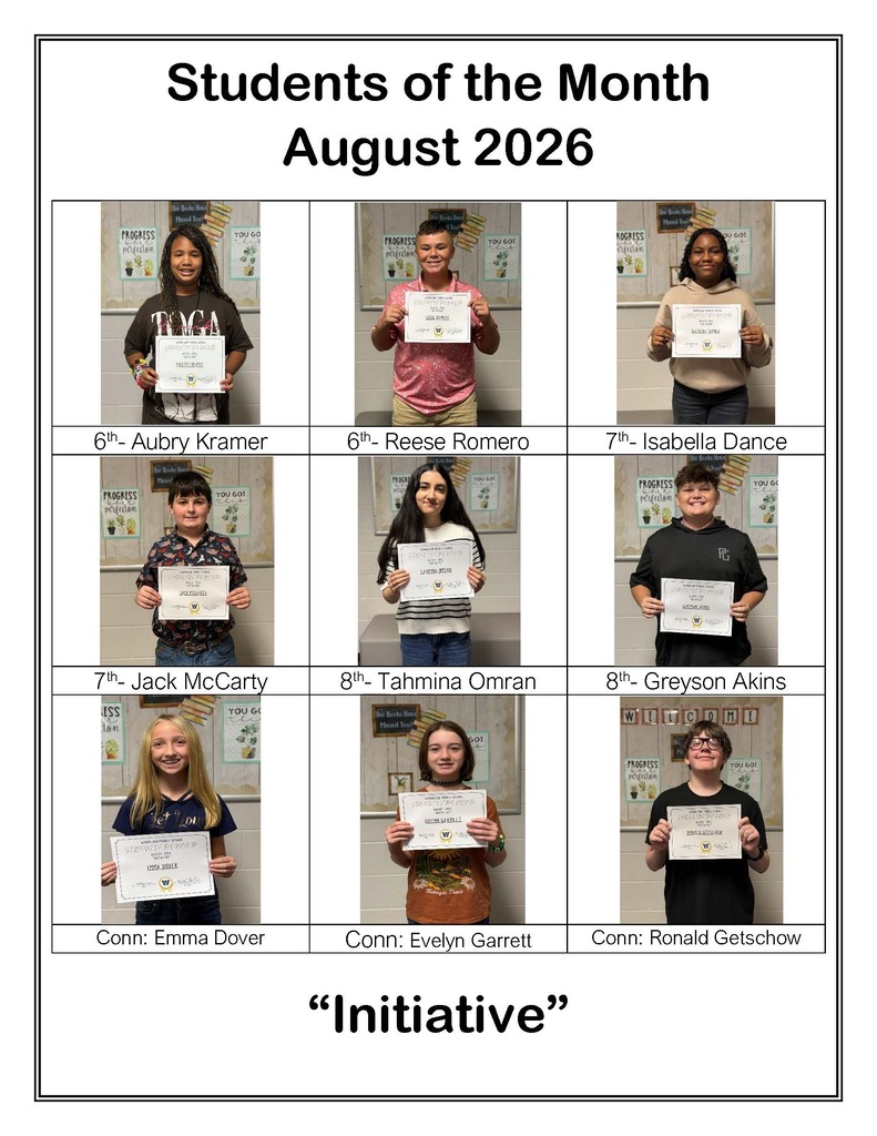 A collage of eight students holding certificates with "Students of the Month" text for August 2026. Each student has a sign, with names and grades displayed.