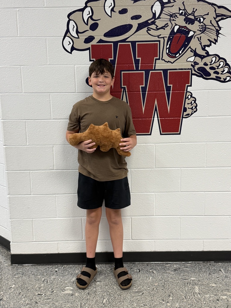 Boy holding a large brown stuffed animal, standing before a wall with a large logo.