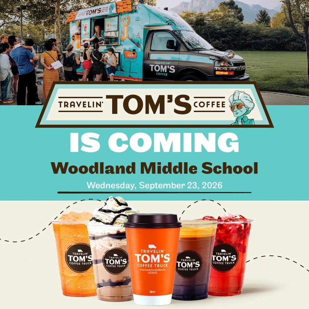 A flyer for Tom's Coffee truck. The flyer shows drinks, a truck, and a crowd of people.