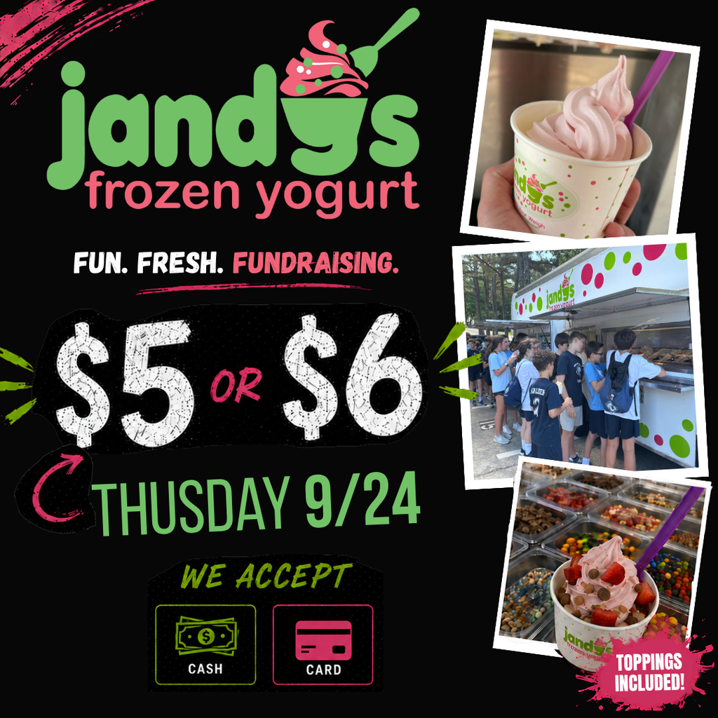 Poster advertising Jandy's frozen yogurt sale. Priced at $5 or $6. Dates and payment options are listed.