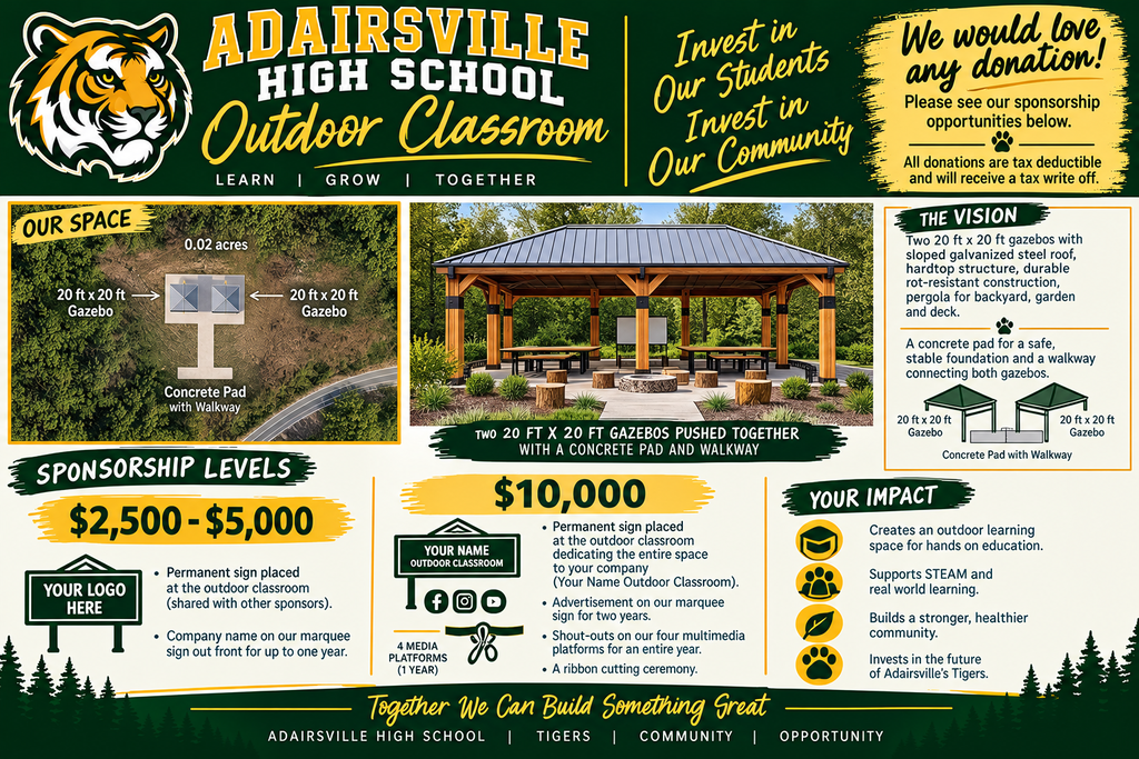 A colorful brochure with text and graphics. It shows a gazebo, sponsorship levels, and impact. The background includes trees and a pathway.