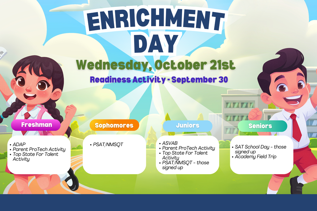 An illustration of two children. One has pigtails and the other has brown hair. The text reads "Enrichment Day" and "Wednesday, October 21st".