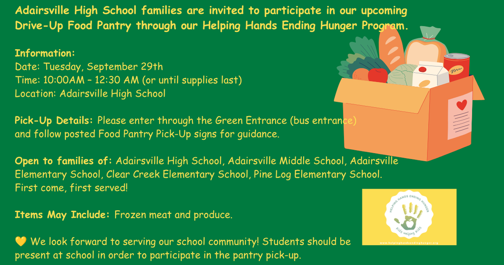 A poster invites families to a drive-up food pantry. It lists items like bread, vegetables, and frozen food.