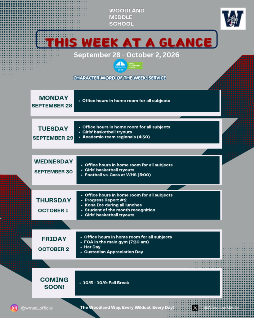 A weekly schedule for Woodland Middle School is shown, spanning from September 28 to October 2, 2026. Dates, activities, and office hours are listed.