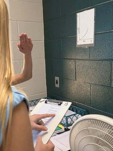 The picture shows 2 students analyzing a time and distance graph.