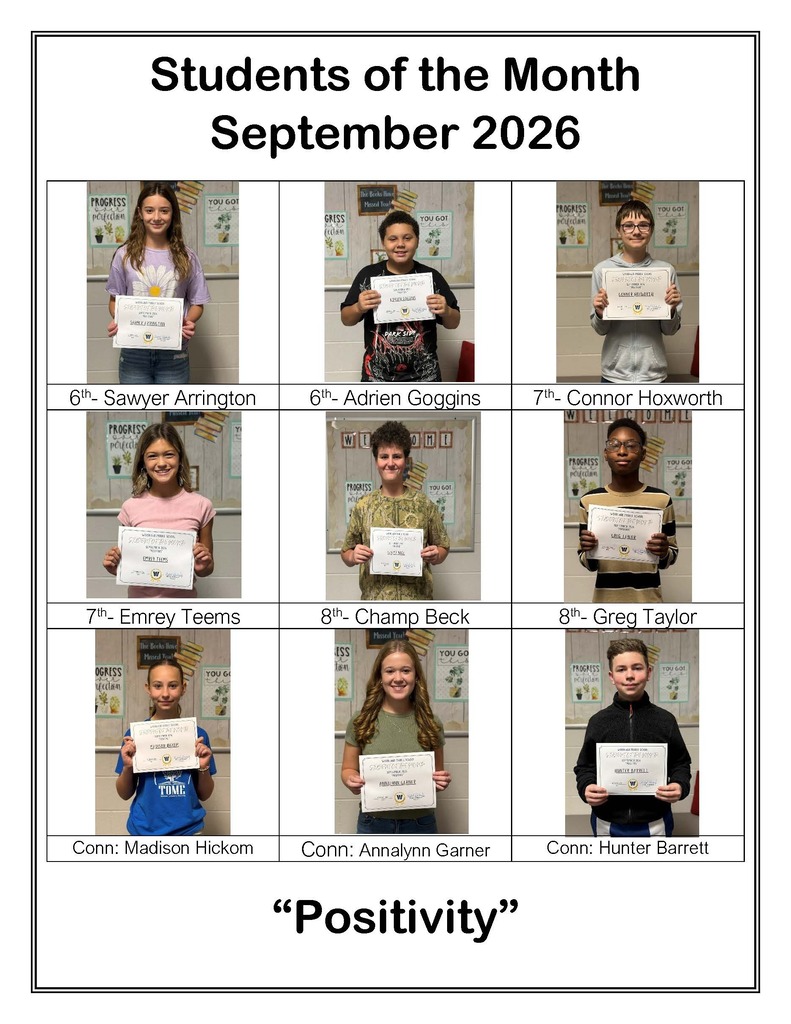 Students of the Month. September 2026. 6th: Sawyer Arrington and Adrien Goggins. 7th: Connor Hoxworth and Emrey Teems. 8th: Champ Beck and Greg Taylor. Connections: Madison Hickom, Annalynn Garner, Hunter Barrett. Positivity