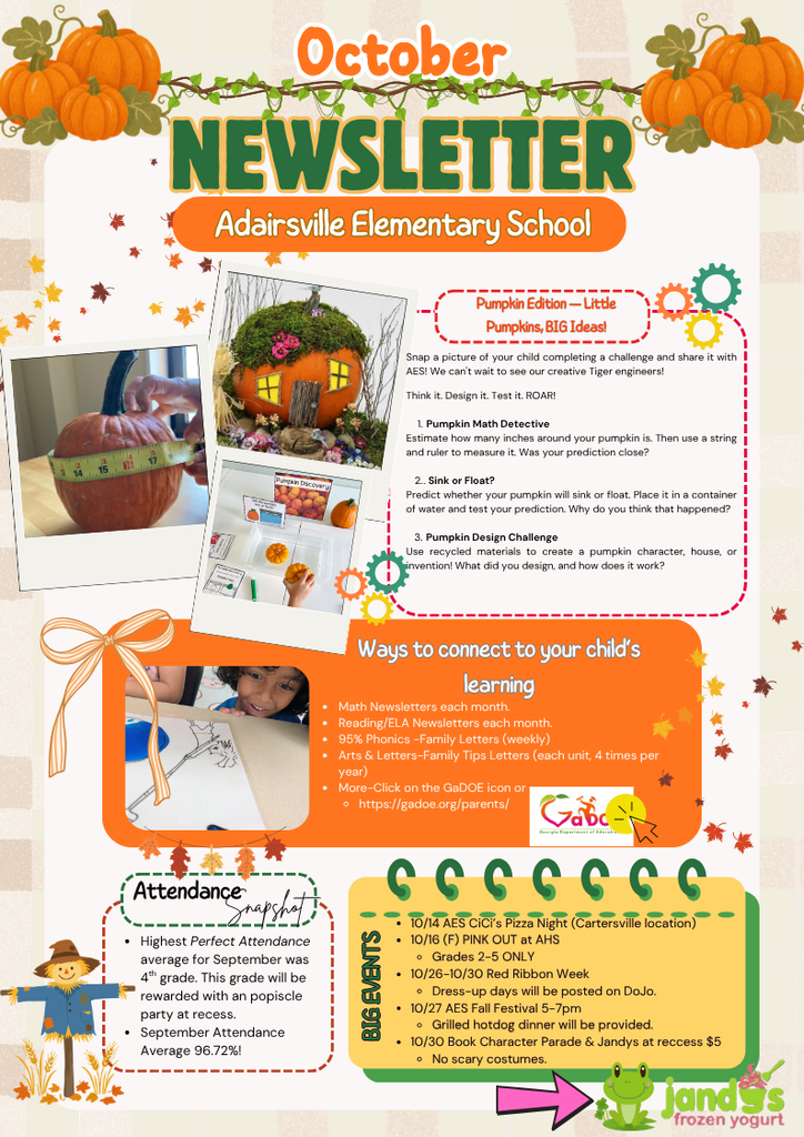 An October newsletter from Adairsville Elementary School. It includes images of pumpkins, a pumpkin house, and a child.