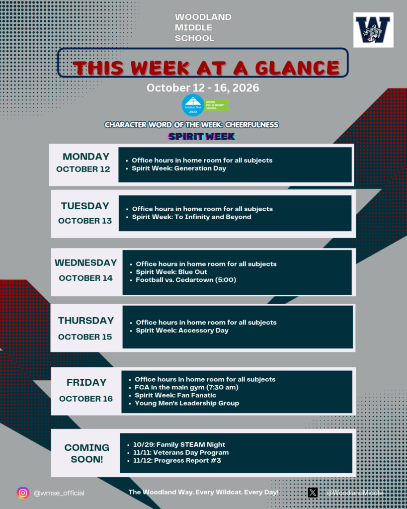 A Woodland Middle School weekly schedule from October 12-16, 2026, includes details of each day's activities and events.