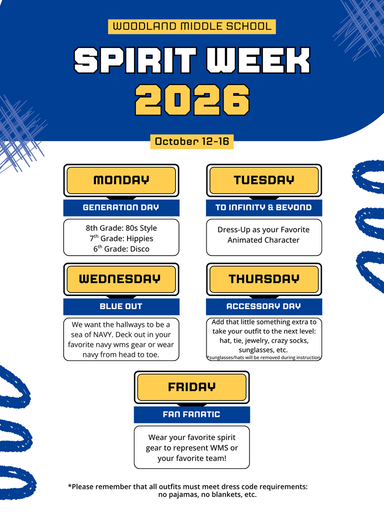An event poster lists "Spirit Week 2026" at Woodland Middle School. Dates October 12-18. Day-by-day schedule follows.