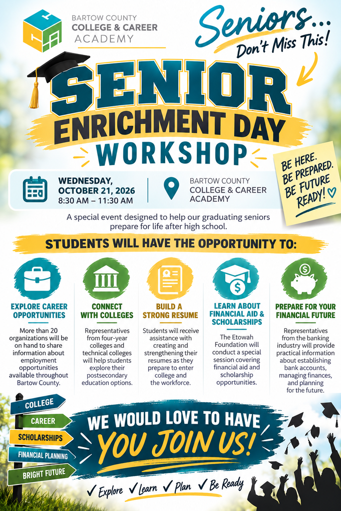 Poster with "Senior Enrichment Day Workshop" heading. Date, time, and location listed. Four icons with text. "We would love to have you!"
