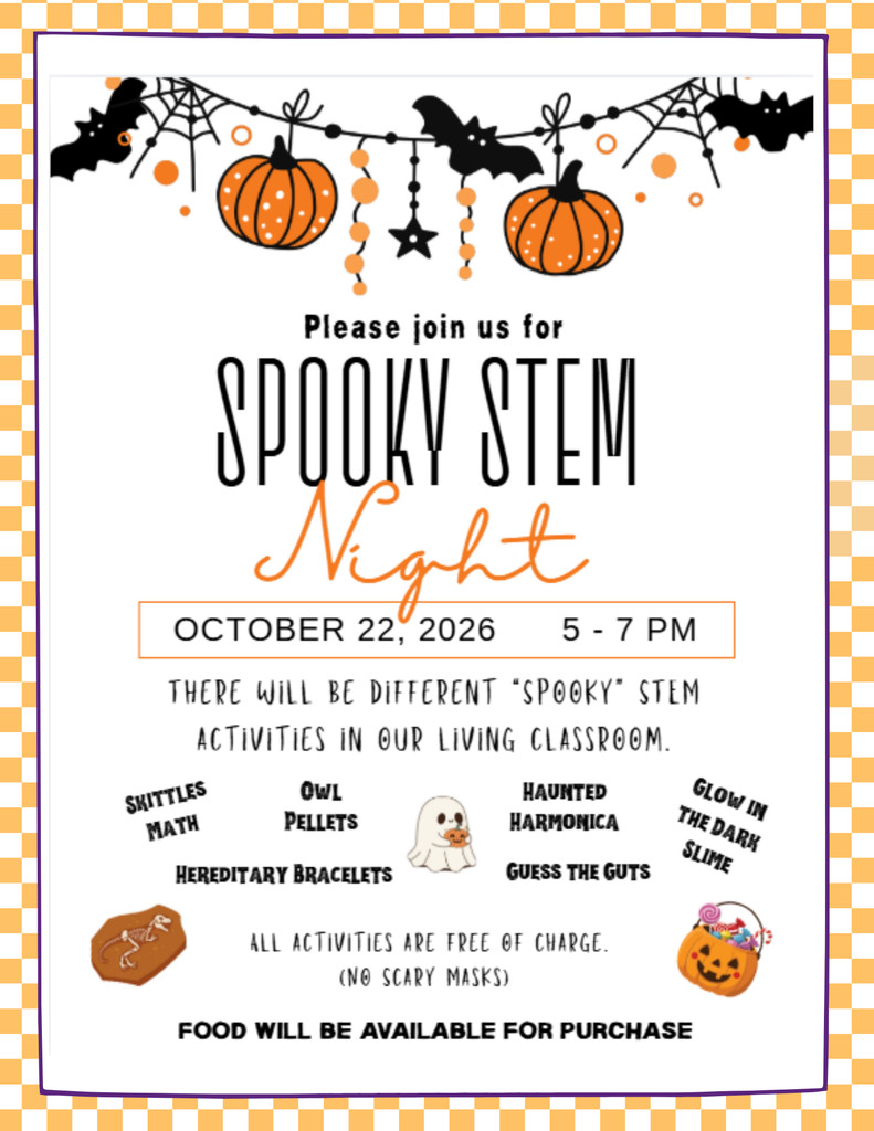 Kingston Elementary School is hosting a Spooky STEM Night on:  Date: October 22, 2026 Time: 5:00 PM - 7:00 PM Cost: Free admission for all activities Note: No scary masks are allowed.  Students and families can participate in a variety of hands-on STEM activities, including:  🍬 Skittles Math 🦉 Owl Pellets 🎵 Haunted Harmonica ✨ Glow-in-the-Dark Slime 🧬 Hereditary Bracelets 🎃 Guess the Guts