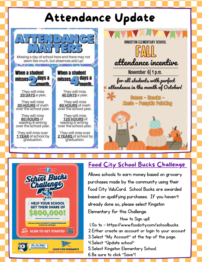 The newsletter emphasizes the importance of regular school attendance.  Missing 2 days per month equals 20 days per year, about 30 hours of math instruction or 60 hours of reading and writing instruction missed. Over a student's school career, this can add up to about 1 year of missed school. Missing 4 days per month equals 40 days per year, about 60 hours of math instruction or 120 hours of reading and writing instruction missed. Over time, this can add up to about 2 years of missed school. 🎃 Fall Attendance Incentive Date: November 6 at 1:00 PM Who is invited: Students with perfect attendance during October Activities: Games, snacks, music, and pumpkin painting 🛒 Food City School Bucks Challenge  Kingston Elementary is participating in the Food City School Bucks Challenge, which allows schools to earn money based on community grocery purchases made with a Food City ValuCard.  How to participate:  Visit foodcity.com/schoolbucks. Create an account or log in. Select “My Account.” Choose “Update School.” Select Kingston Elementary School. Click “Save.”  The challenge helps schools earn funding, and the advertisement notes schools can earn a share of $800,000 through the program.