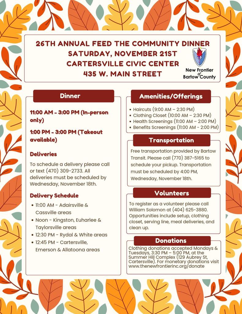 Flyer details an event on November 21st. It includes dinner times, delivery options, volunteer sign-up, and donation info. Leaf-themed background.