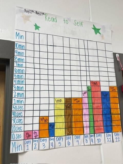 A bar graph of reading stamina time being tracked throughout the month.