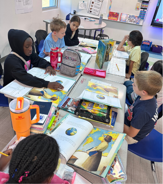 Students reading in a group. 