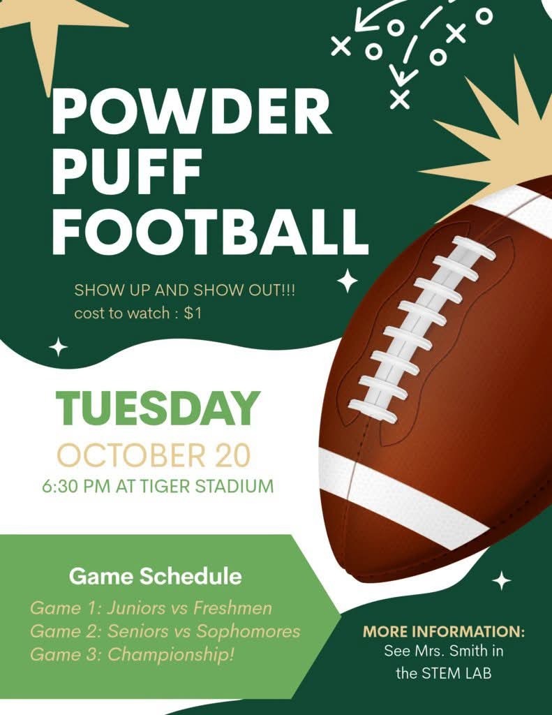 Poster with a football and text about a Powder Puff Football game on October 20.