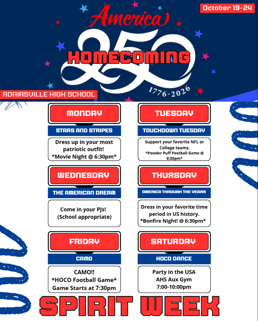 Spirit Week flyer shows colorful days and themes, including "Movie Night," "America Through the Years," and "Carnival."