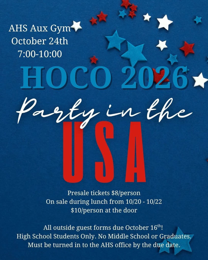 Blue background with white stars and red stars. "AHS Aux Gym" at the top. "HOCO 2026 Party in the USA" written in red and white.