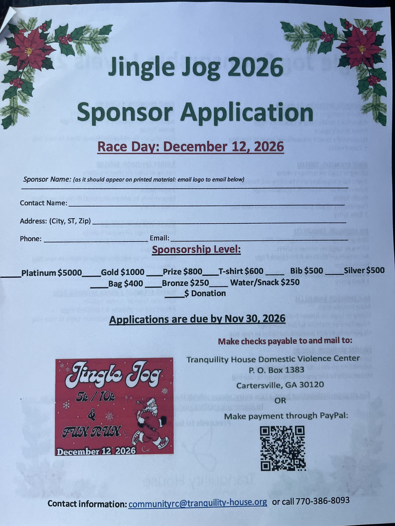 A printed page shows text and logos for Jingle Jog 2026. Logos include a Santa hat and "Jingle Jog" text.