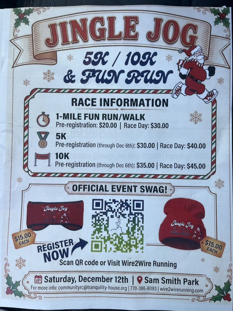 Poster advertising a race. Santa runs, offers registration info for 5K and 10K events.