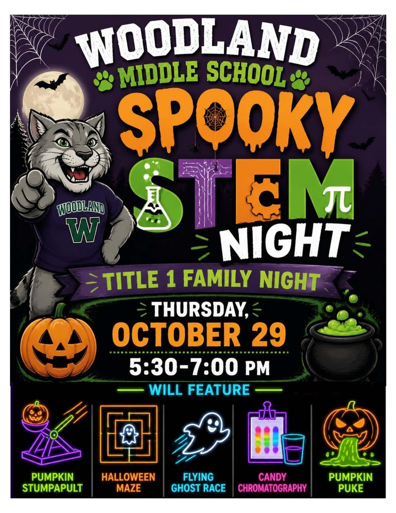 A poster advertises Woodland Middle School's "Spooky STEM Night" featuring a wolf mascot, pumpkins, a cauldron, and various activities.