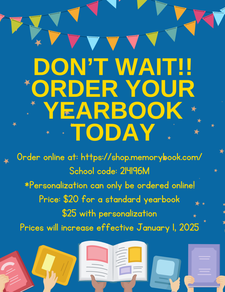 Be sure to capture your child's memories from this school year by purchasing a 2024-2025 Emerson Elementary Yearbook. Now - December 31, 2024, standard hardcover yearbooks are $20, or you can personalize the cover with your child's name or a message for $25. Click the link below to order online. https://shop.memorybook.com/