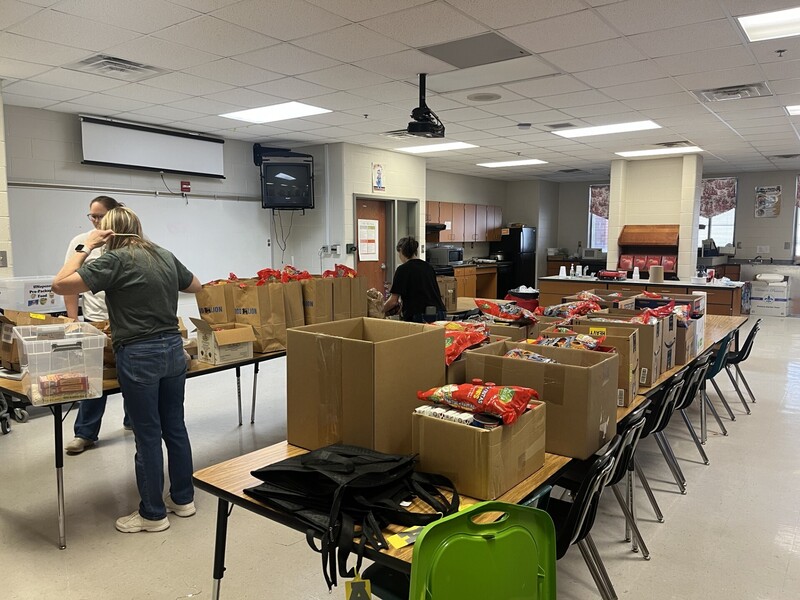 setting up boxes for food pantry