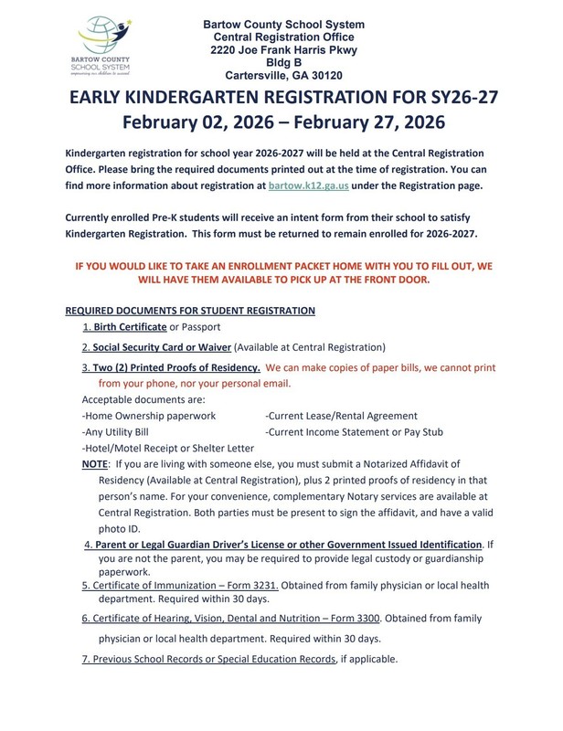 Currently enrolled pre-K students will receive an intent form from their school to satisfy kindergarten registration. This form must be returned to remain enrolled for the 2026-2027 school year.