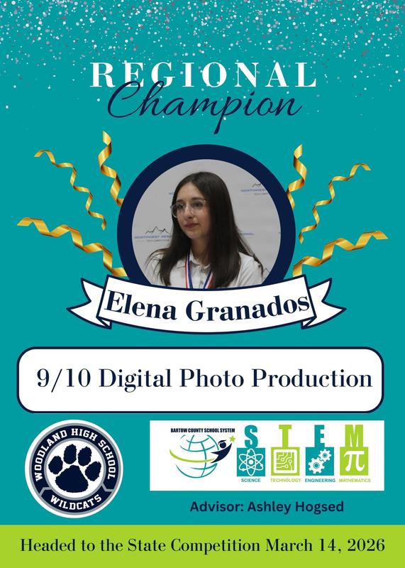 Teal background with Elena's picture at the center