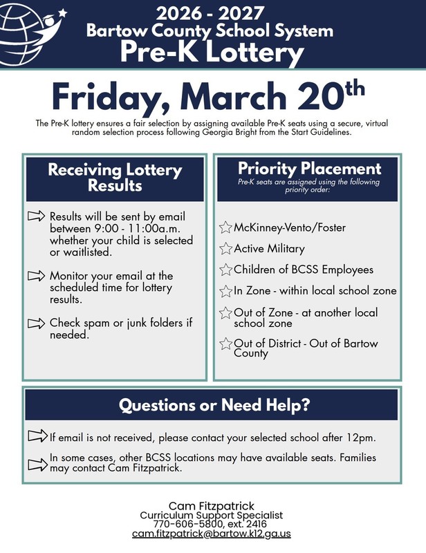 March 20 Pre-K Lottery using a secure virtual ransom selection process following Georiga Bright from the Start guidelines.  Results will be emailed between 9-11 am.