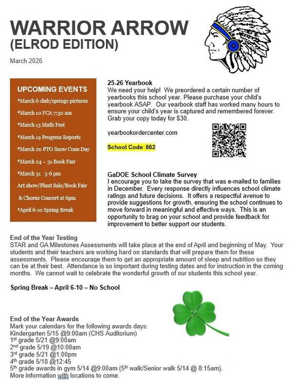 newsletter with upcoming events, yearbook order deadline 3/20, spring break 4/6-10