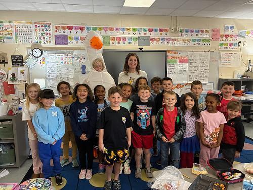 Gertie the Goose visiting Mrs. James 1st grade homeroom