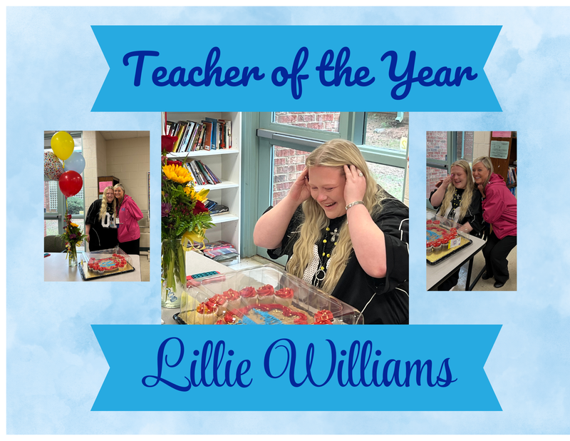 three images of teacher being congratulated on Teacher of the year. Banners at the top and bottom of the screen say Teacher of the Year and Lillie Williams