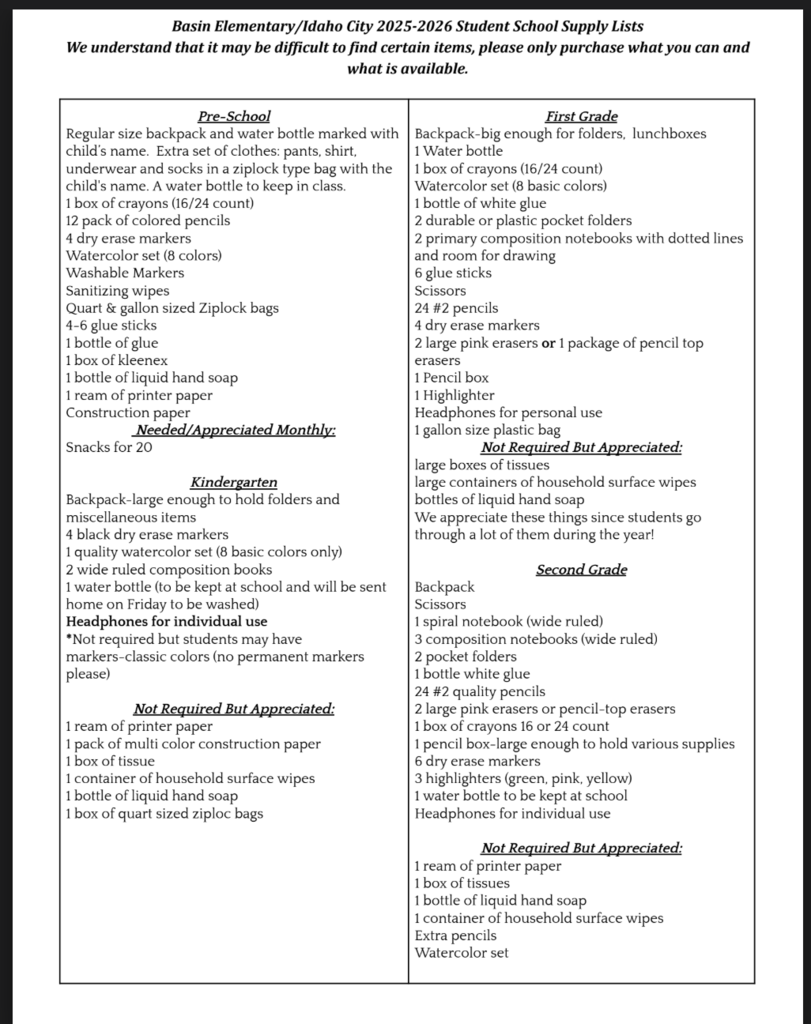 Elementary Student Supply List