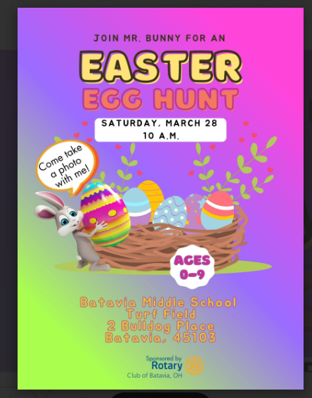 Batavia Rotary Easter Egg Hunt  March 28th at 10am at the Middle School Turf Field.