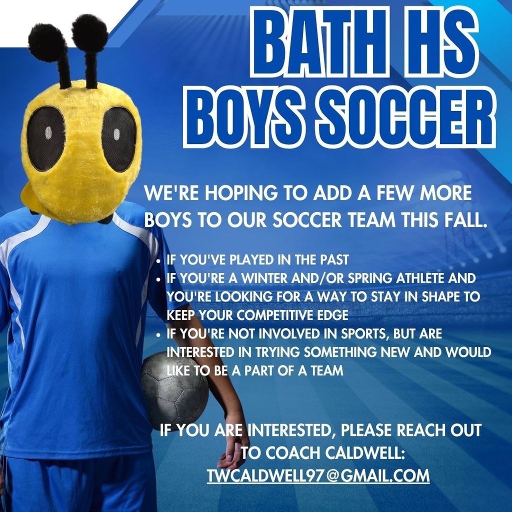 One male soccer player with Fighting Bees mascot head   Information on how to join BHS Boys Soccer this fall