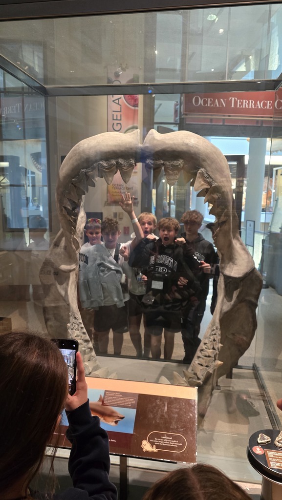 Studnets standing behind a sharks open jaw